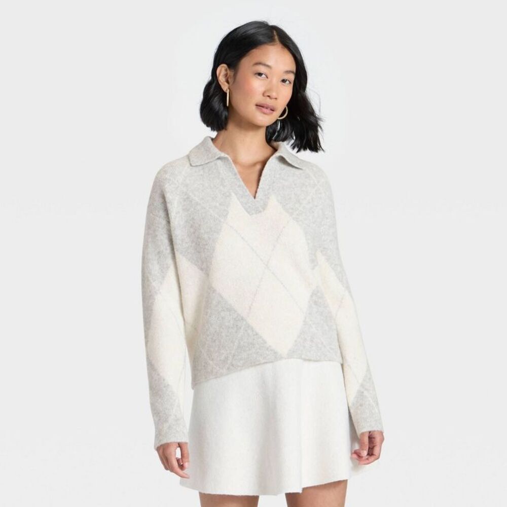 Women's Cozy Knit Polo - A New Day Gray/Cream Argyle M